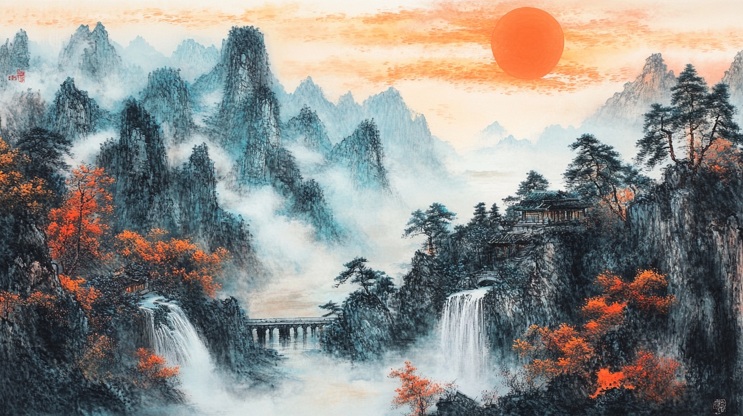 夕阳下的山水国画意境图