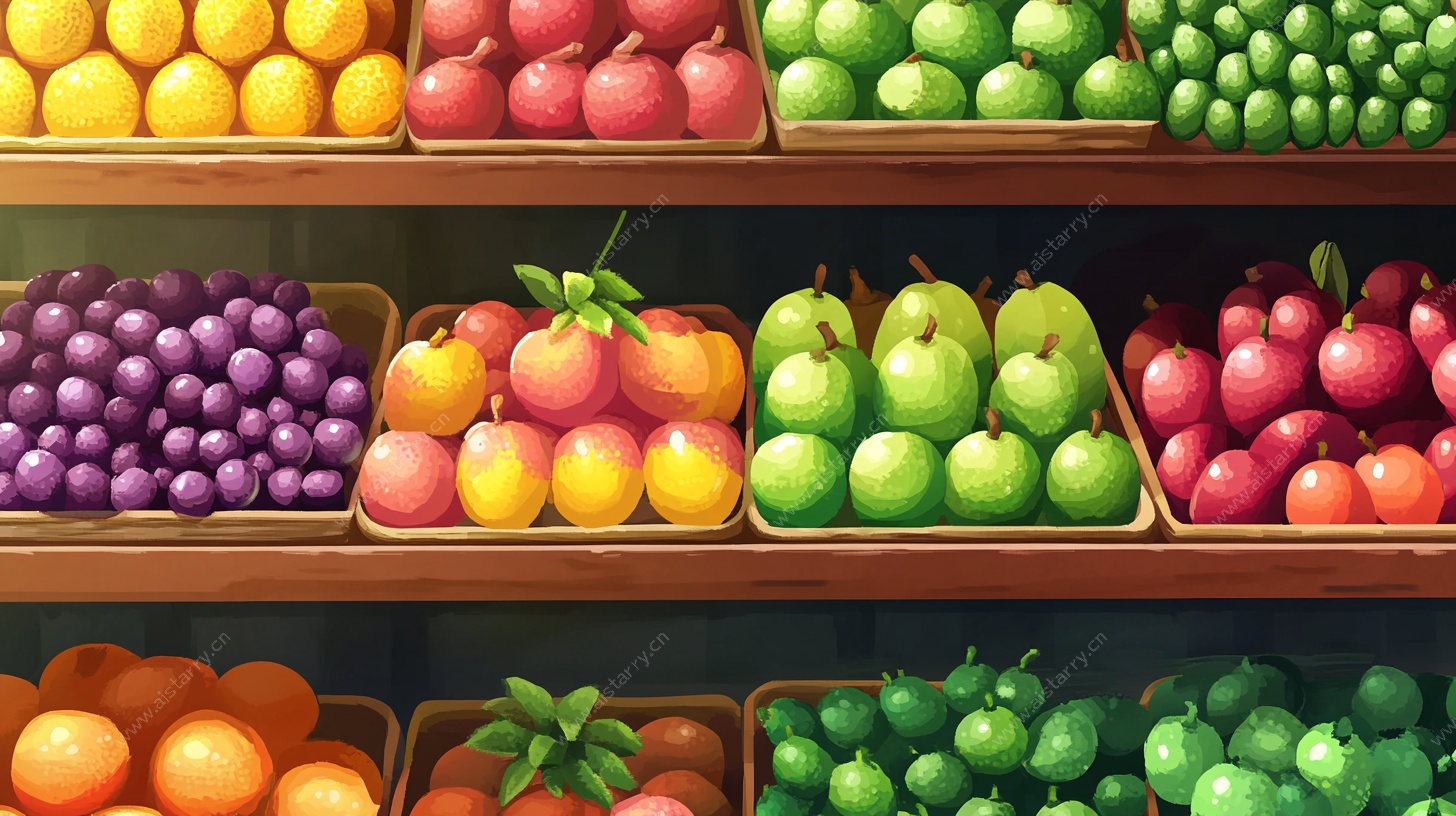货架上的多彩水果插画