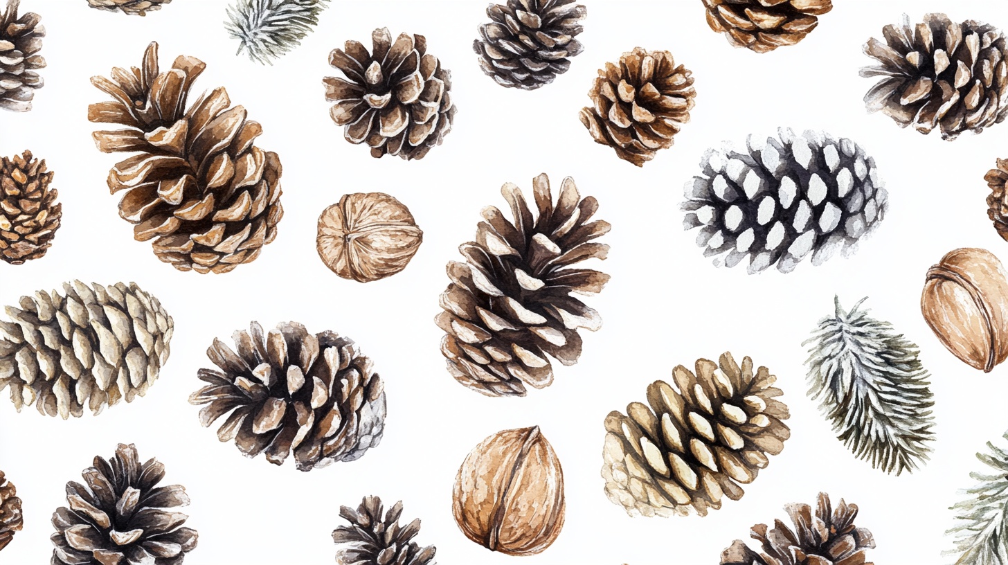 水彩松果坚果图案背景
