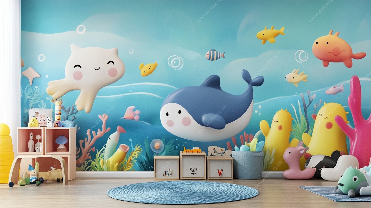 海底动物主题儿童房墙绘
