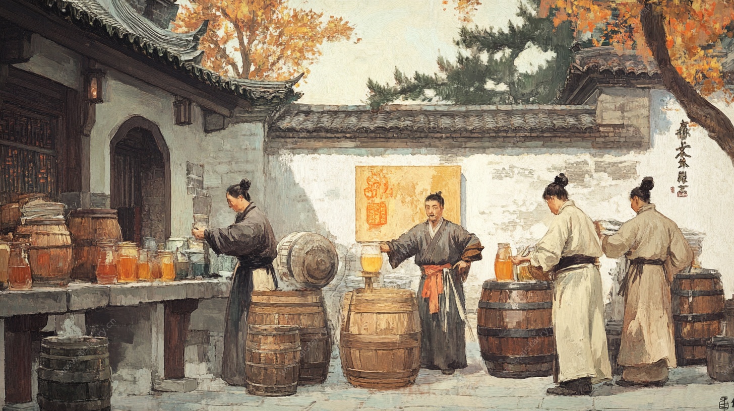 古代酒坊劳作场景图