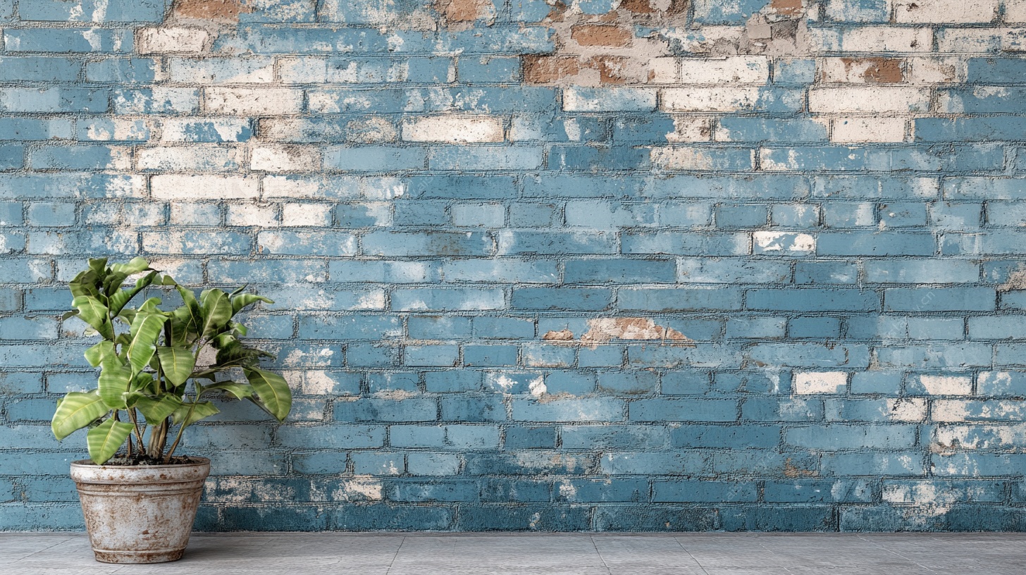 蓝砖墙旁的绿植盆栽