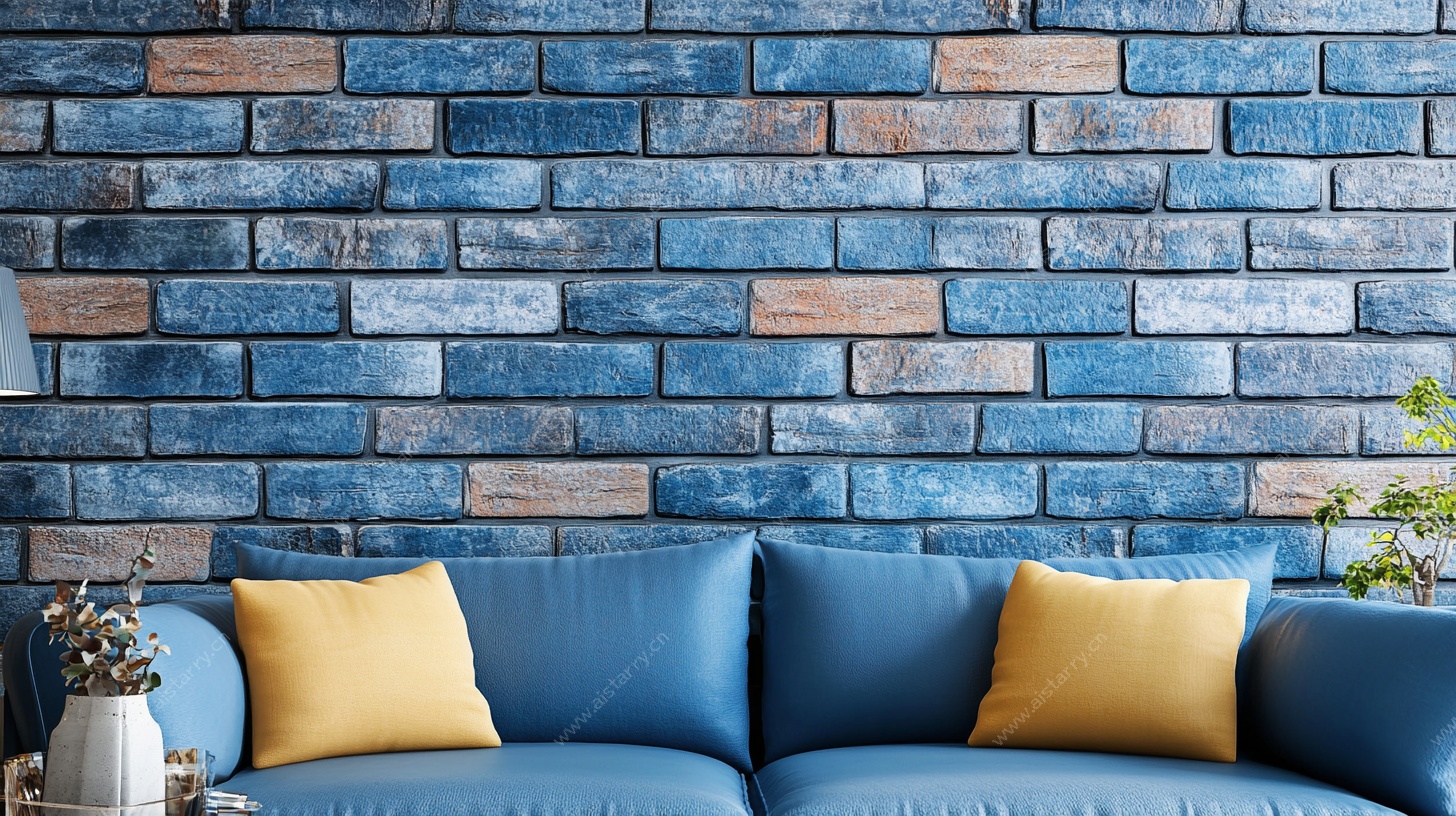 蓝色砖墙沙发温馨室内景