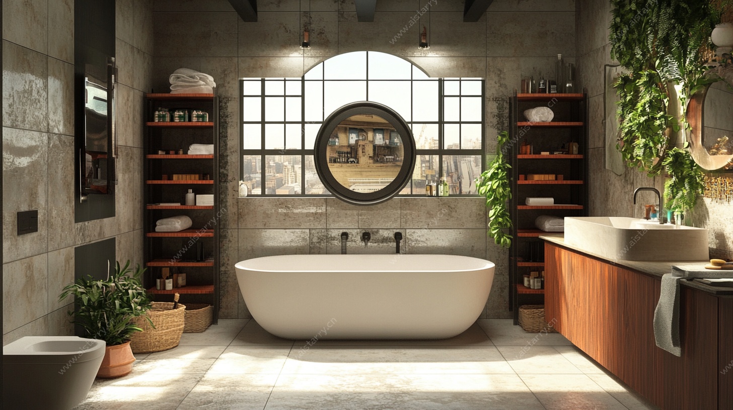 工业风浴室 绿植环绕浴缸