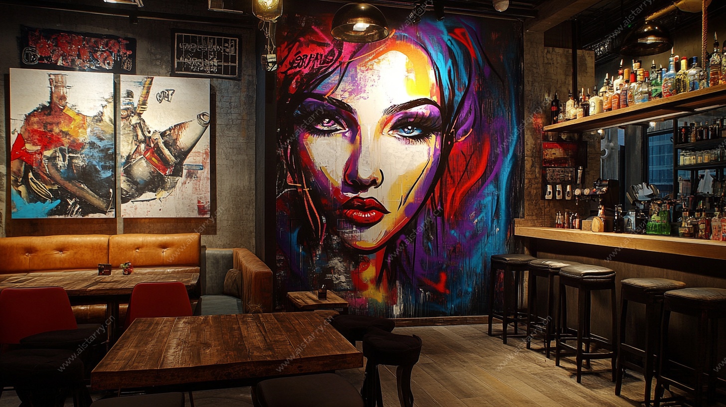酒吧内色彩斑斓的女性涂鸦墙