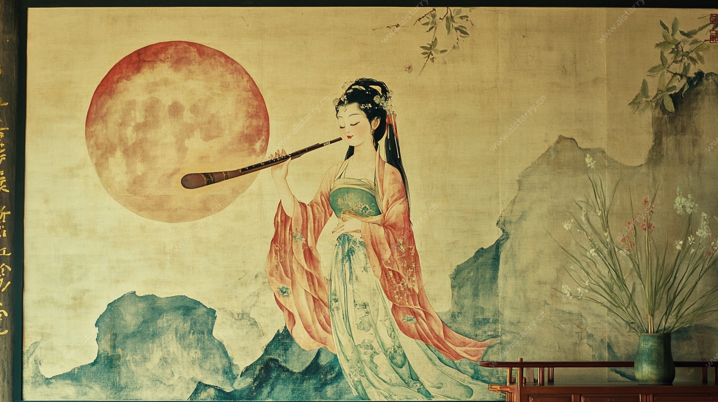 吹笛古装女子月夜图