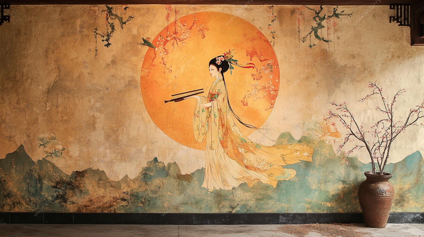 中式古风壁画美人吹笛图