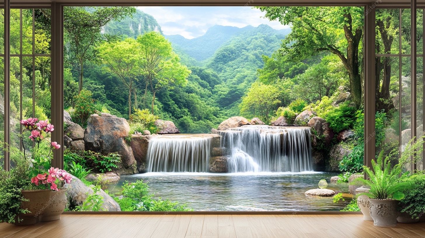 室内窗前的山林瀑布美景