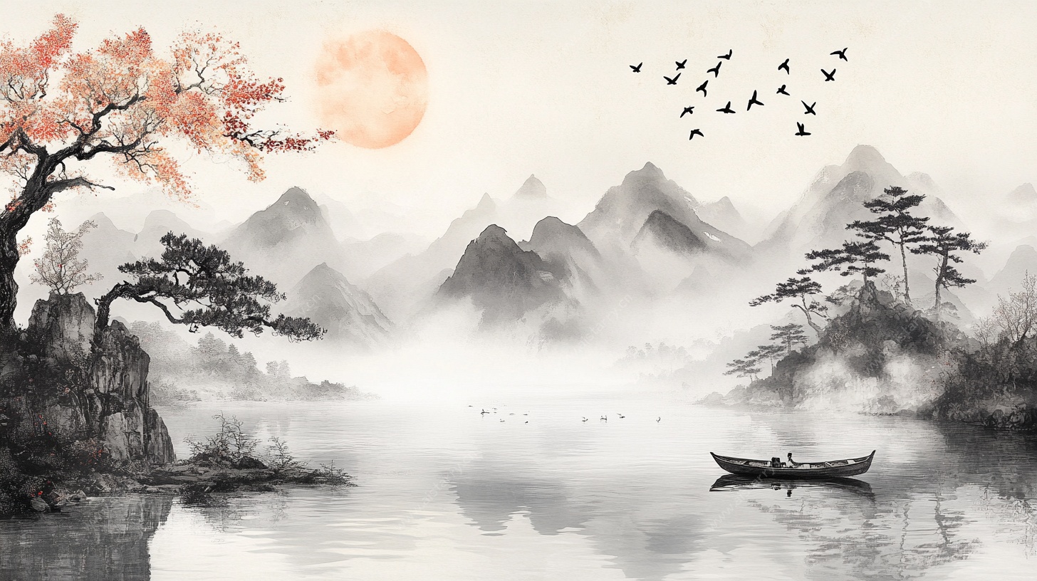 水墨山水月夜泛舟图