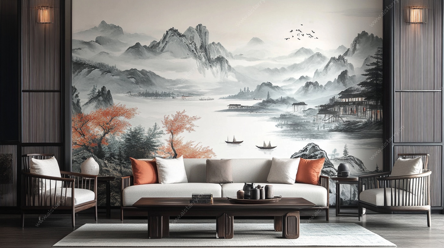 中式客厅山水壁画装饰
