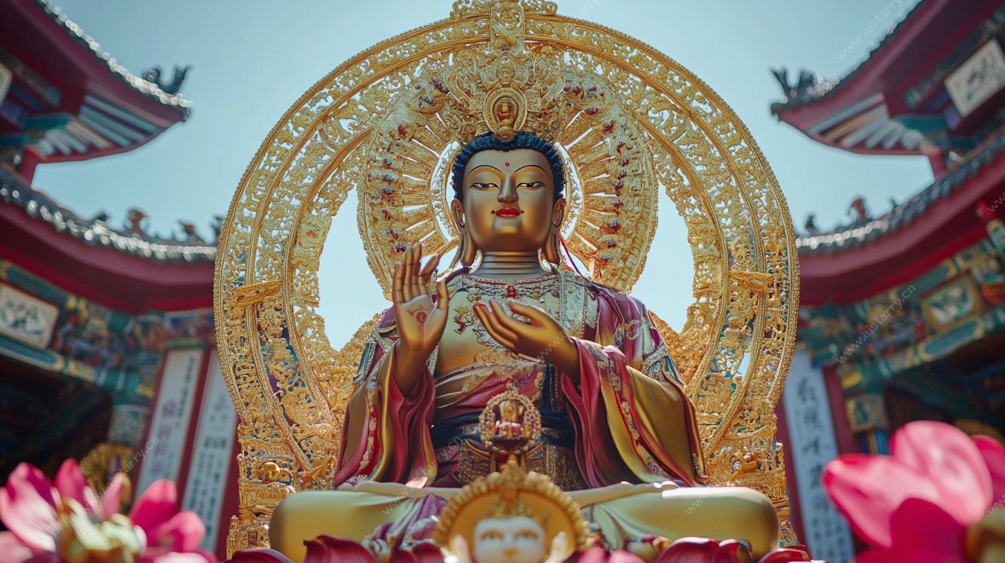 庄严佛像坐于中式庙宇前