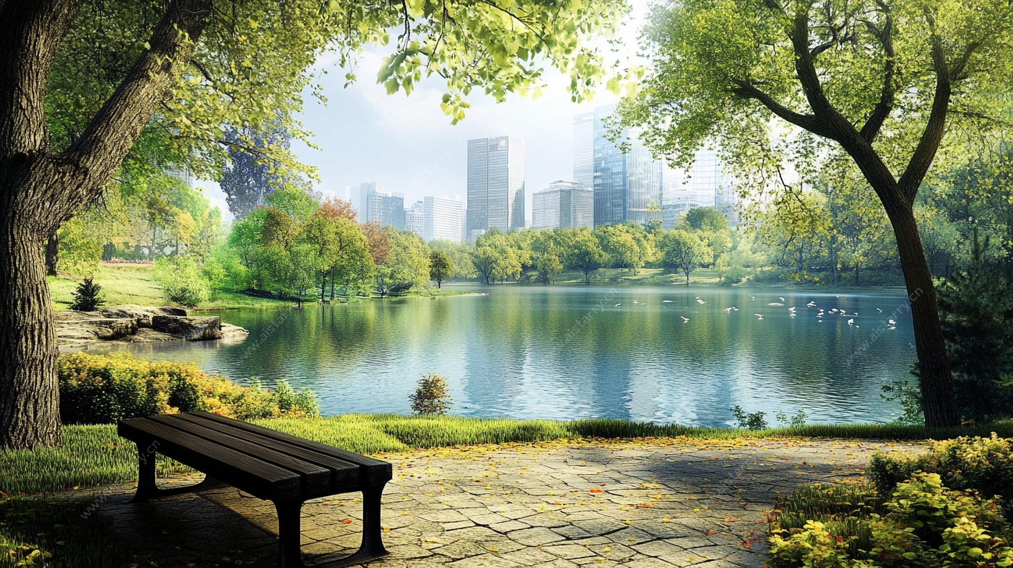 城市公园湖畔静谧长椅
