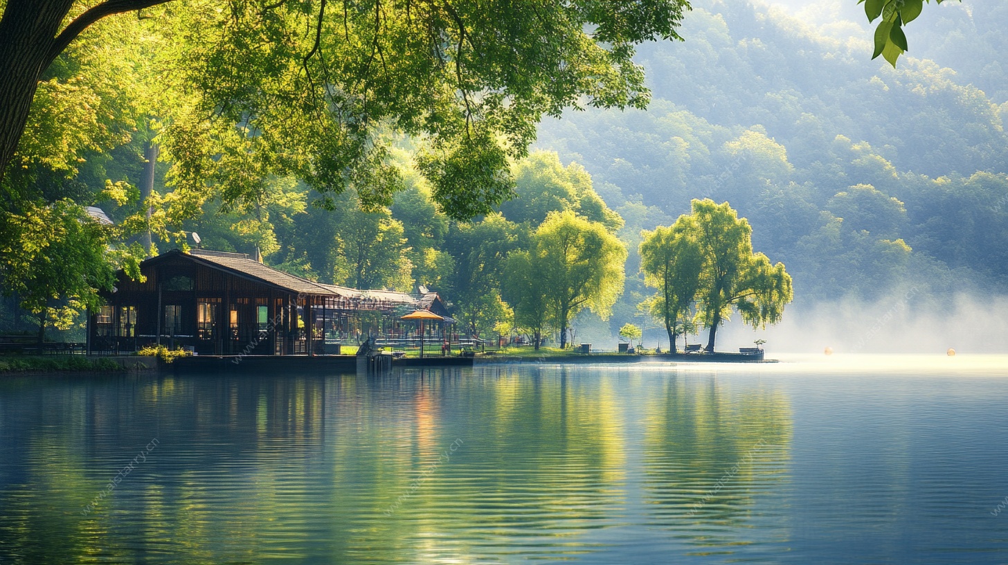 湖畔晨景 静谧中式园林风光