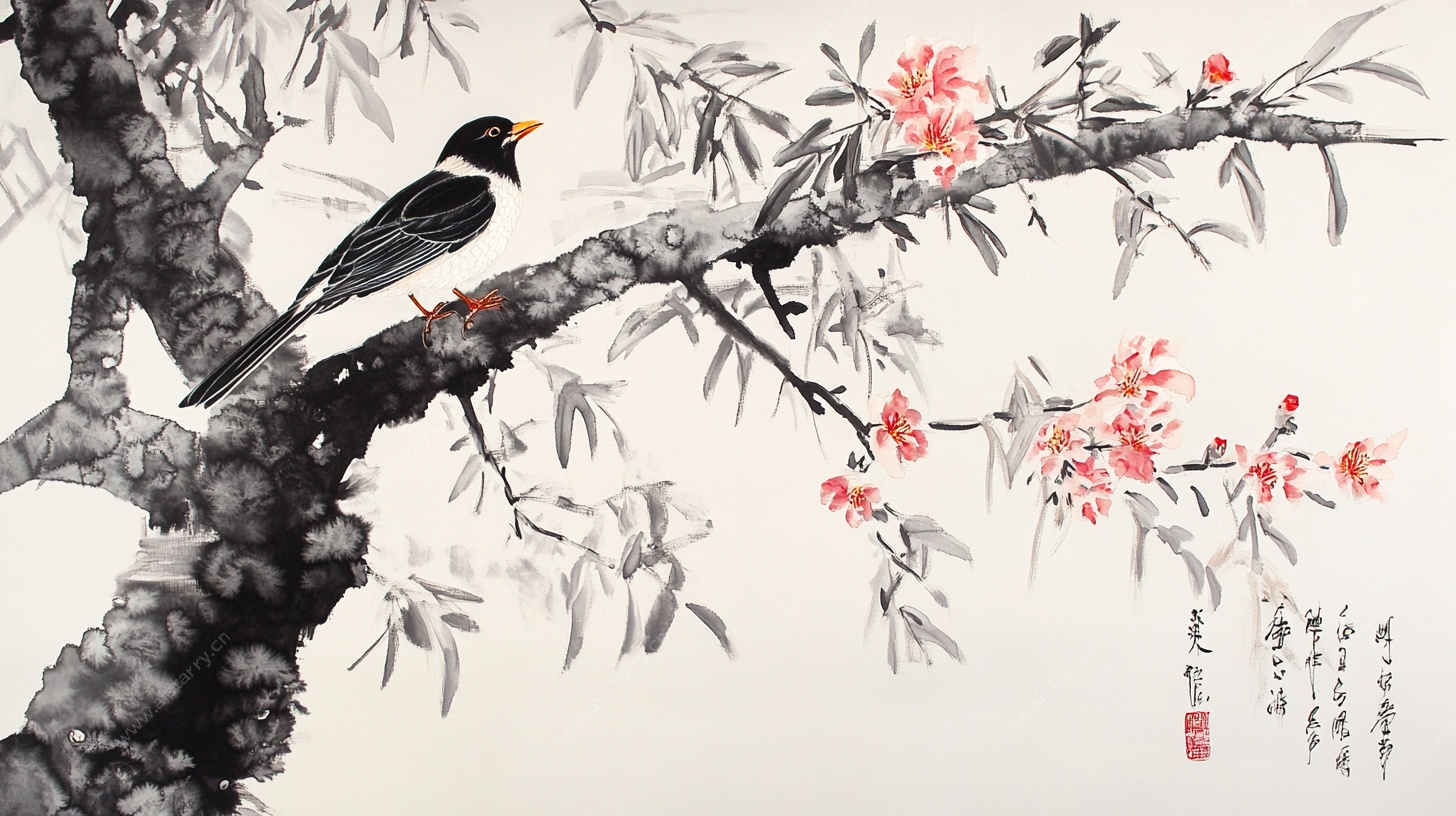 花鸟水墨画 枝头栖鸟图