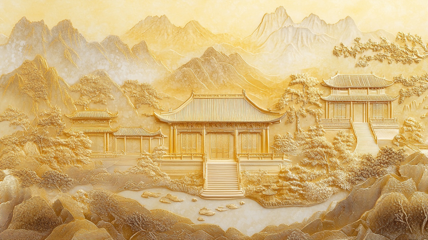 金色中式山水庭院图景