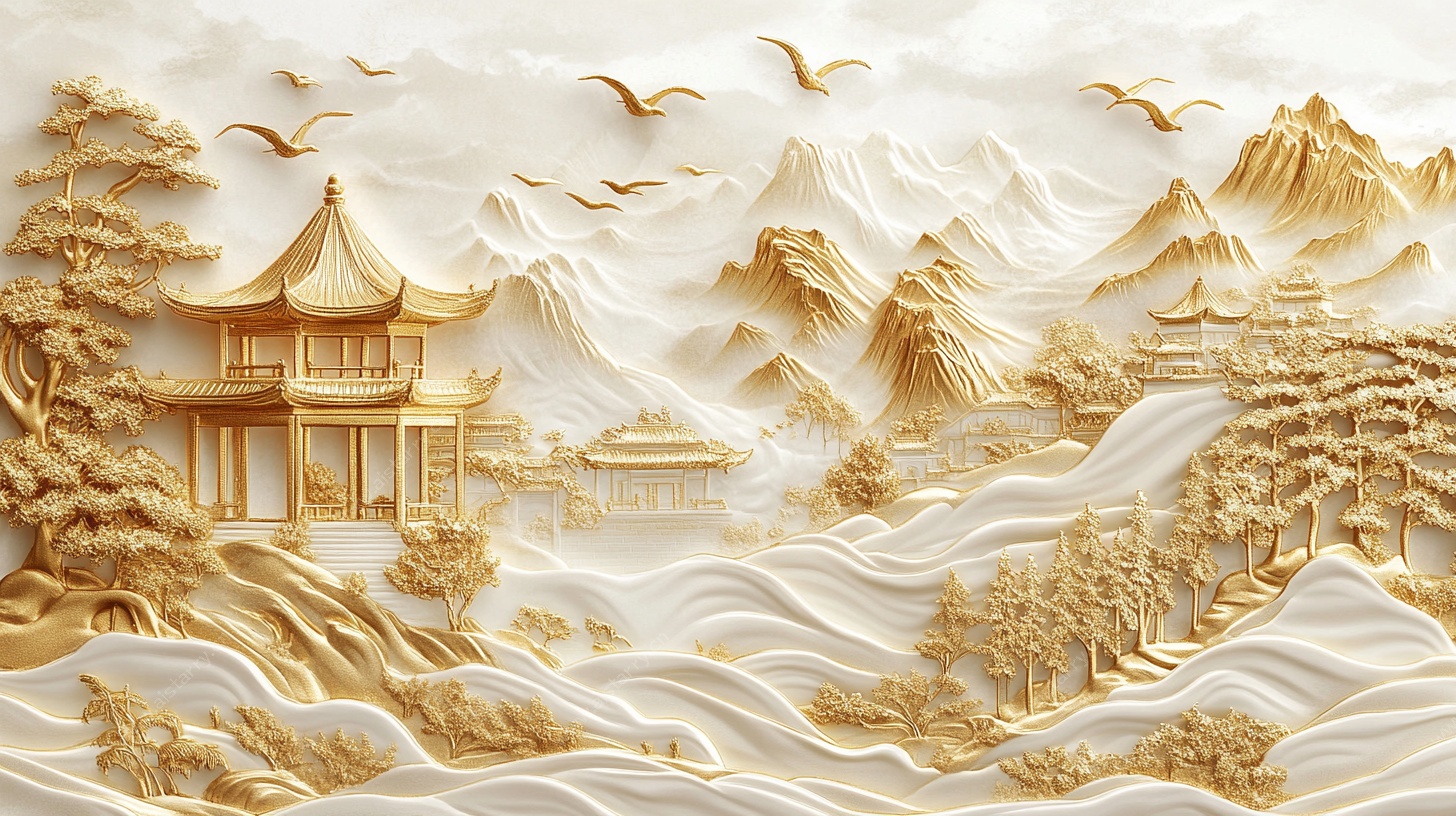 金色山水楼阁浮雕艺术图