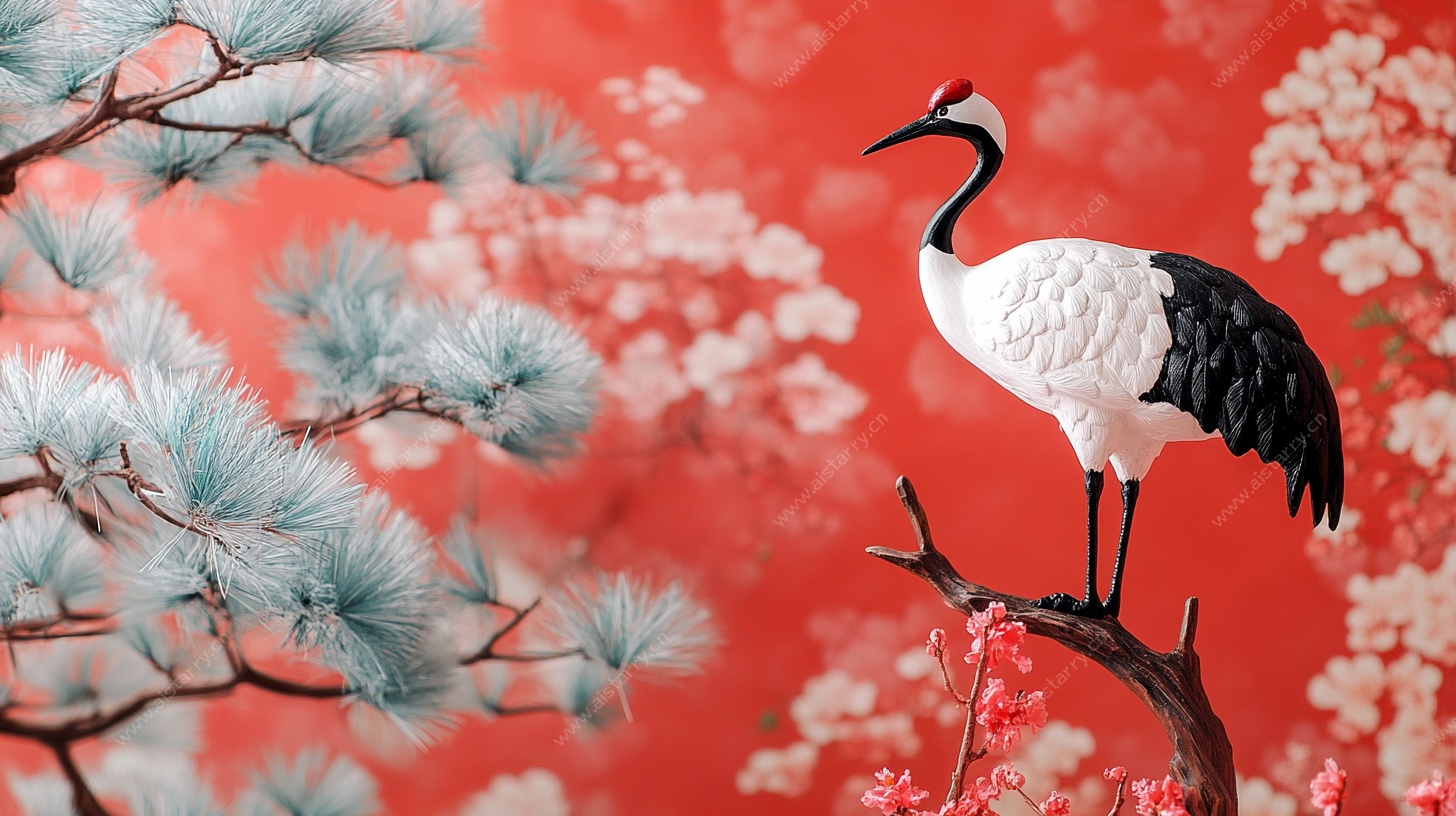 丹顶鹤立于红梅松枝间