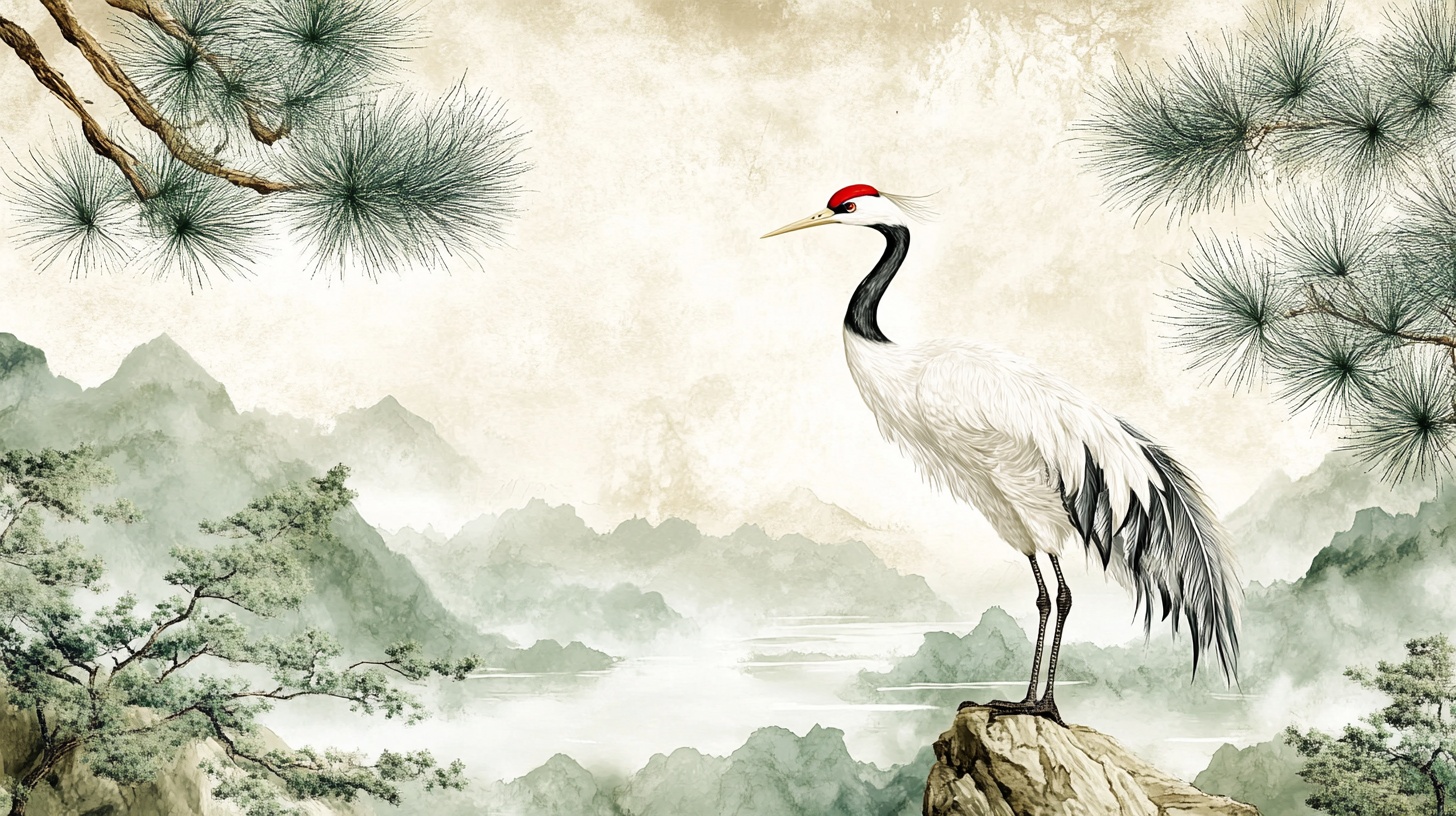 松鹤图中式山水意境画