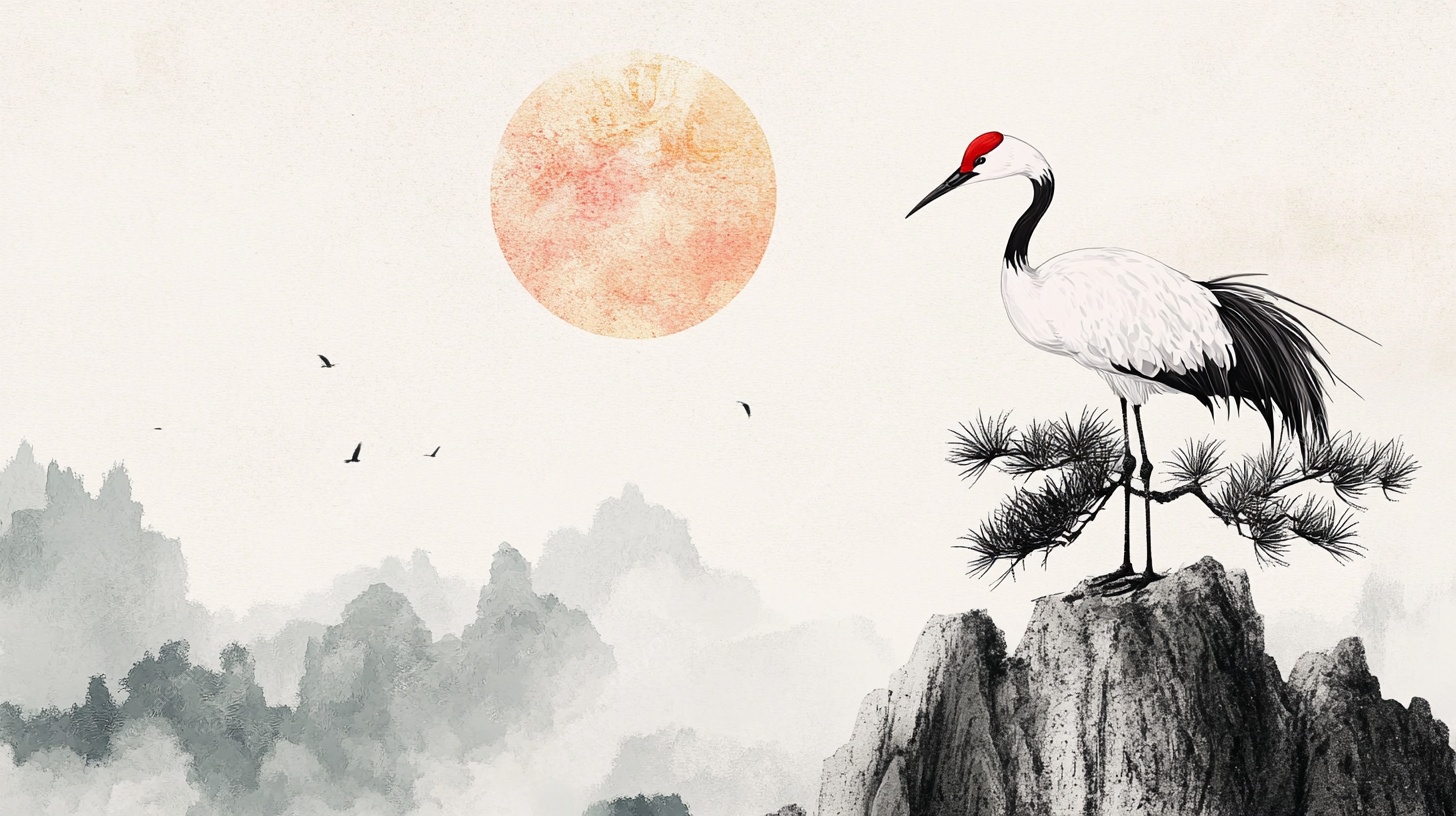 丹顶鹤立于山巅伴夕阳