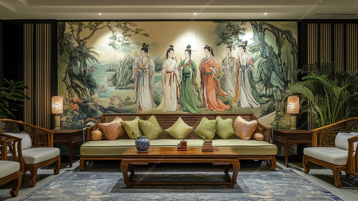 中式客厅中的古典人物壁画