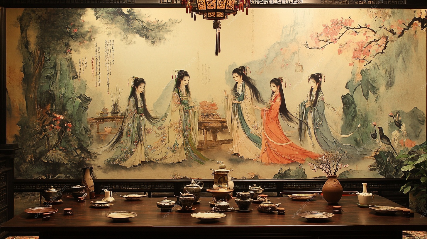 中式古典仕女图茶室背景