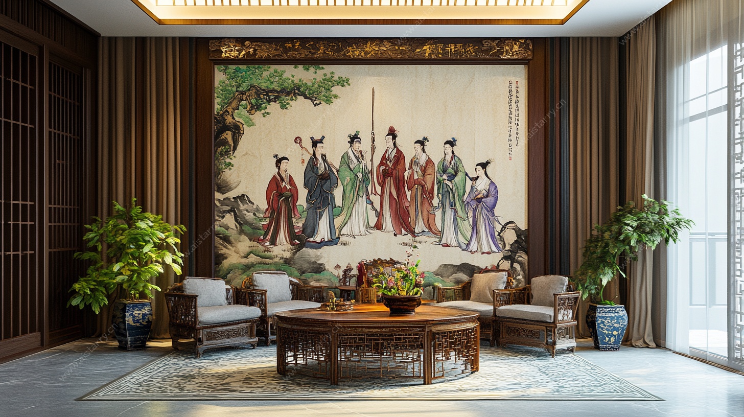 中式客厅古典壁画装饰空间