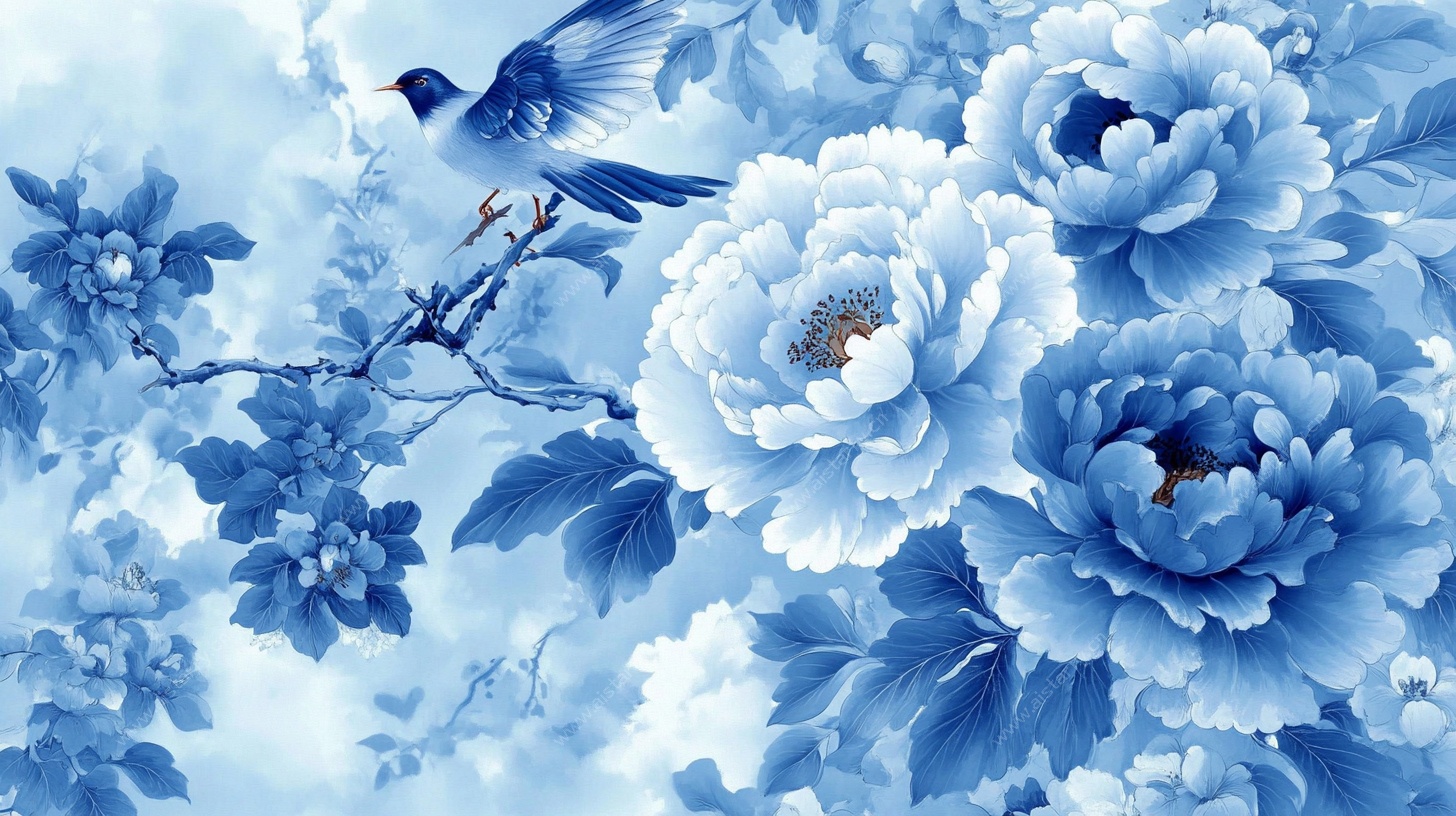 蓝调花鸟图
