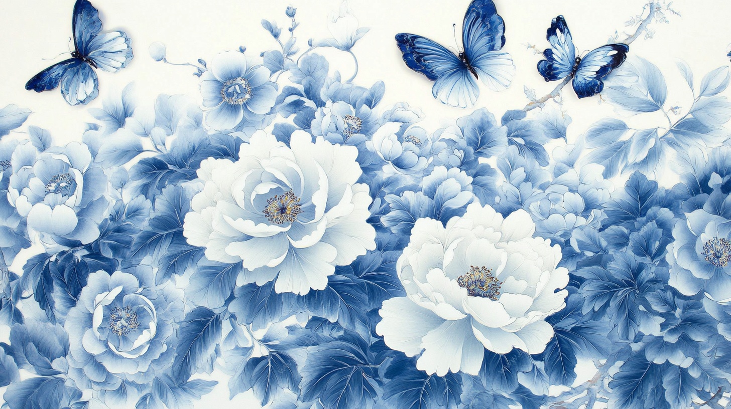 蓝白牡丹蝴蝶花卉图案