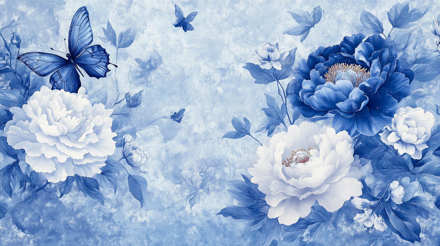 蓝白花卉蝴蝶梦幻背景图