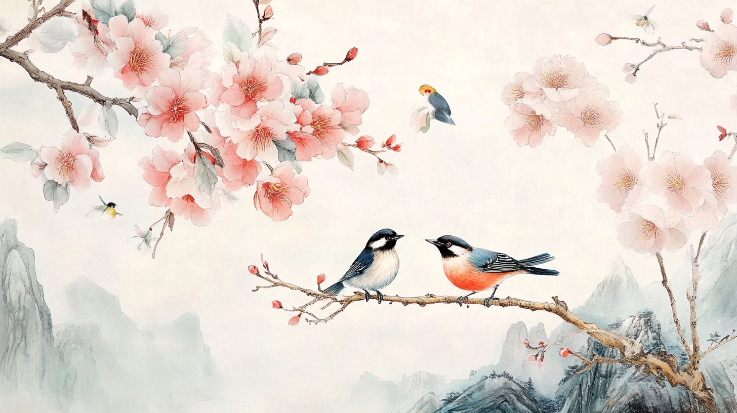 花鸟图 双鸟栖于繁花枝间