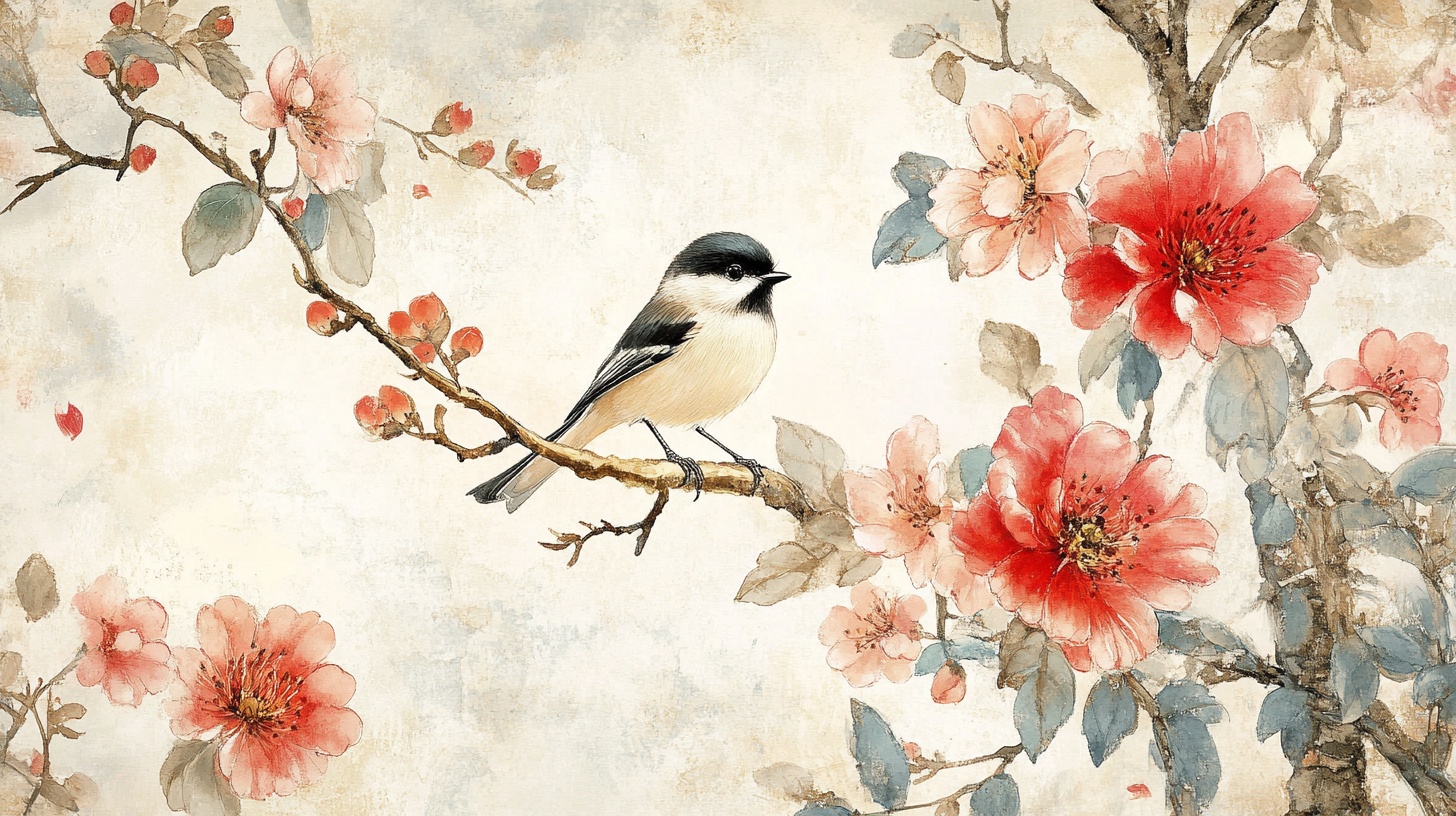 花鸟图 枝头小鸟伴繁花