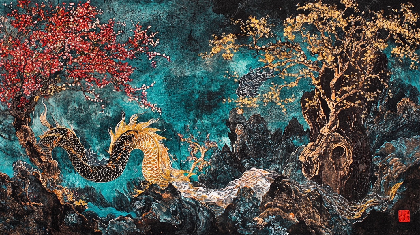 金龙戏树山水奇幻图景