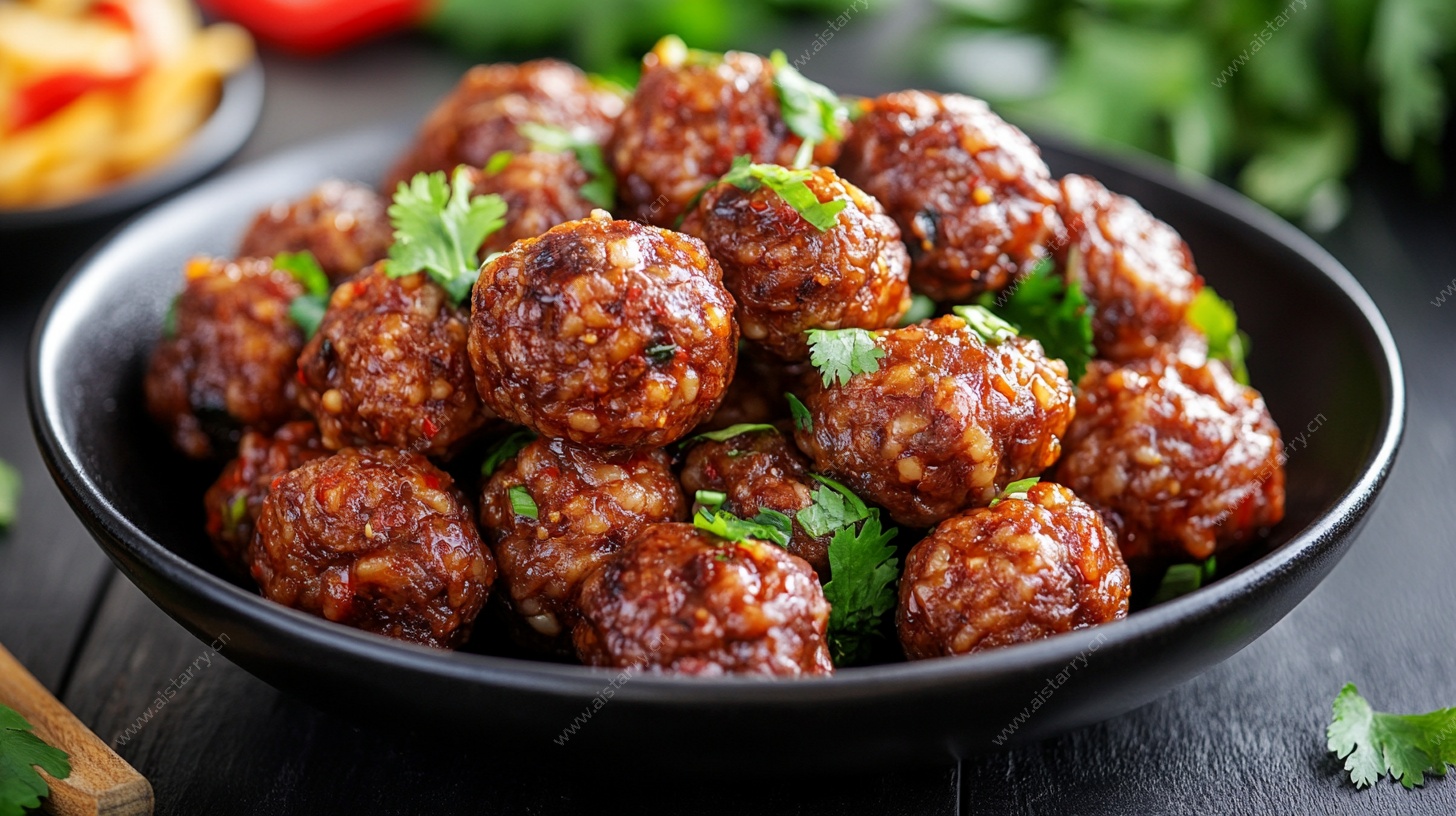 美味肉丸装盘 点缀香菜