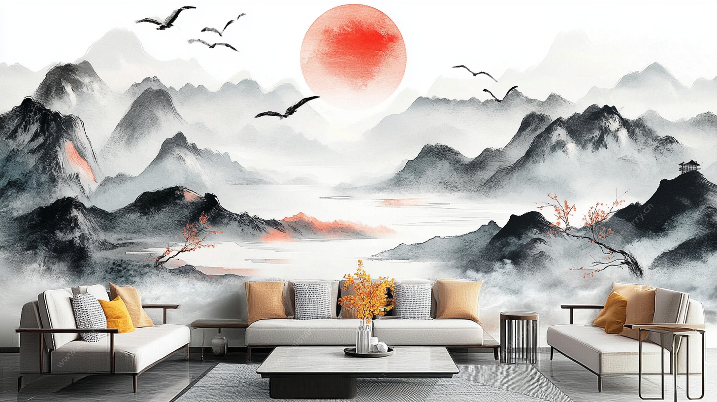中式水墨山水客厅背景图