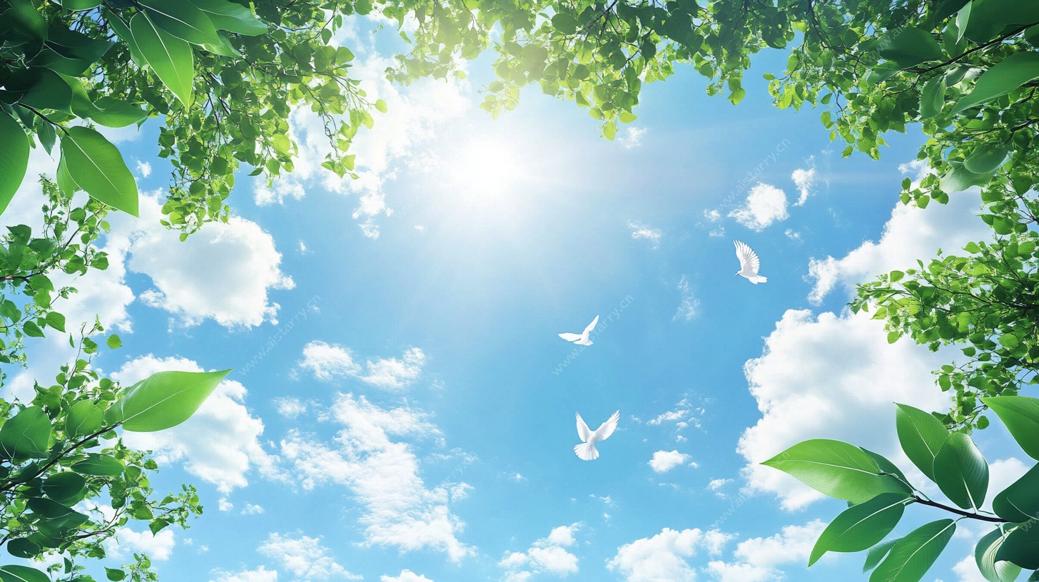 阳光绿叶间的飞翔景致