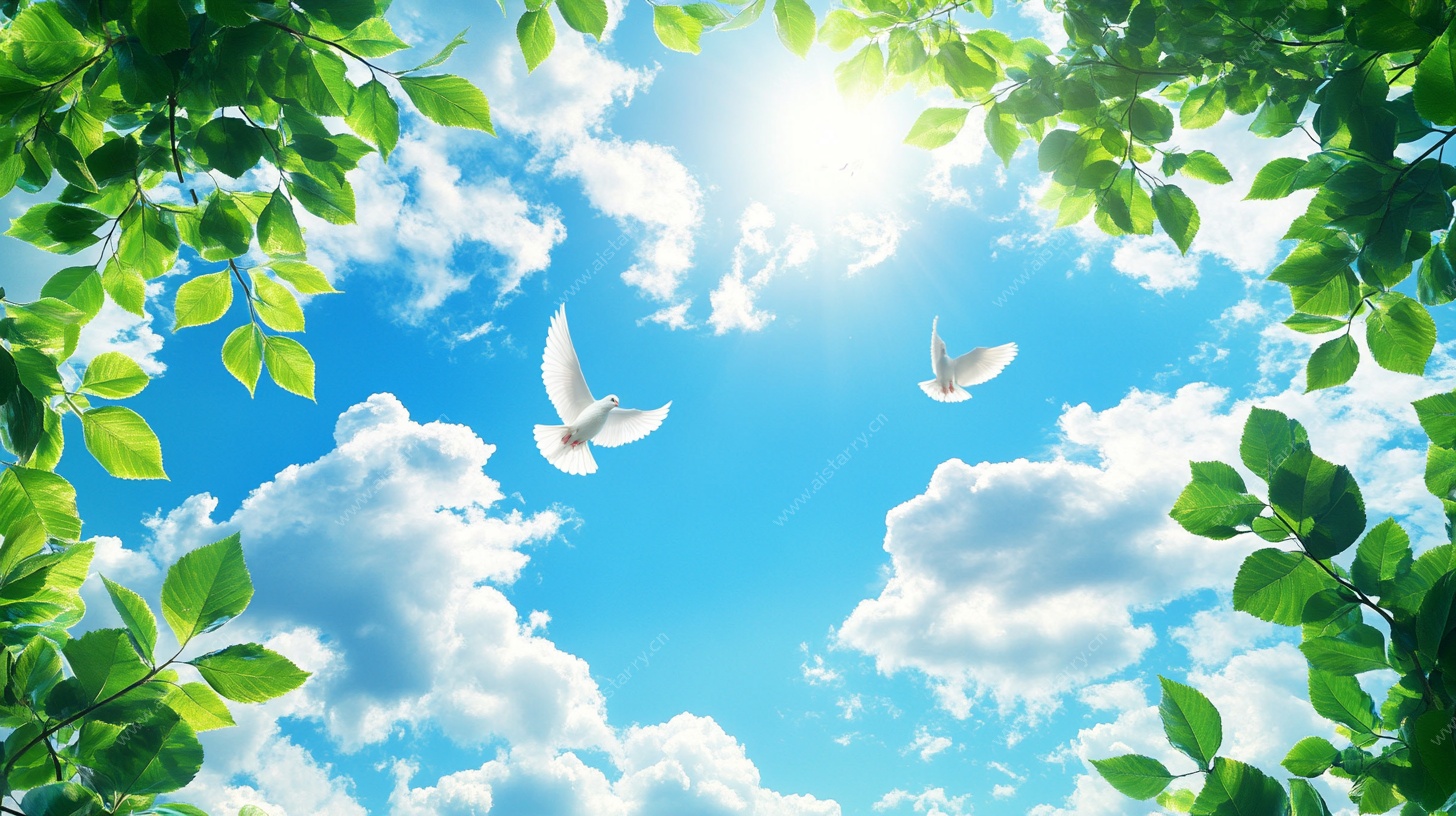 蓝天白云下的飞鸟绿叶