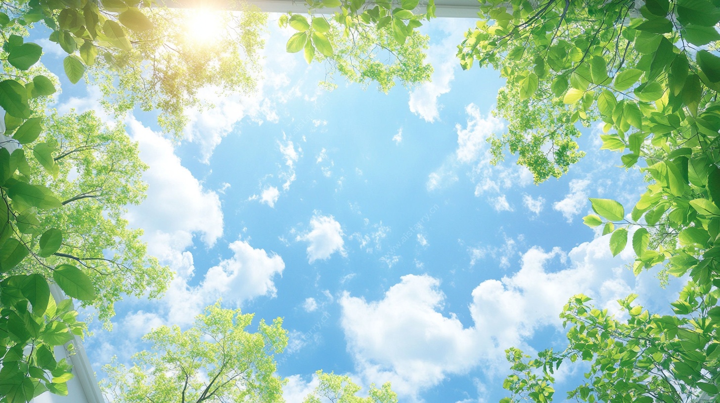 绿叶间的蓝天阳光美景