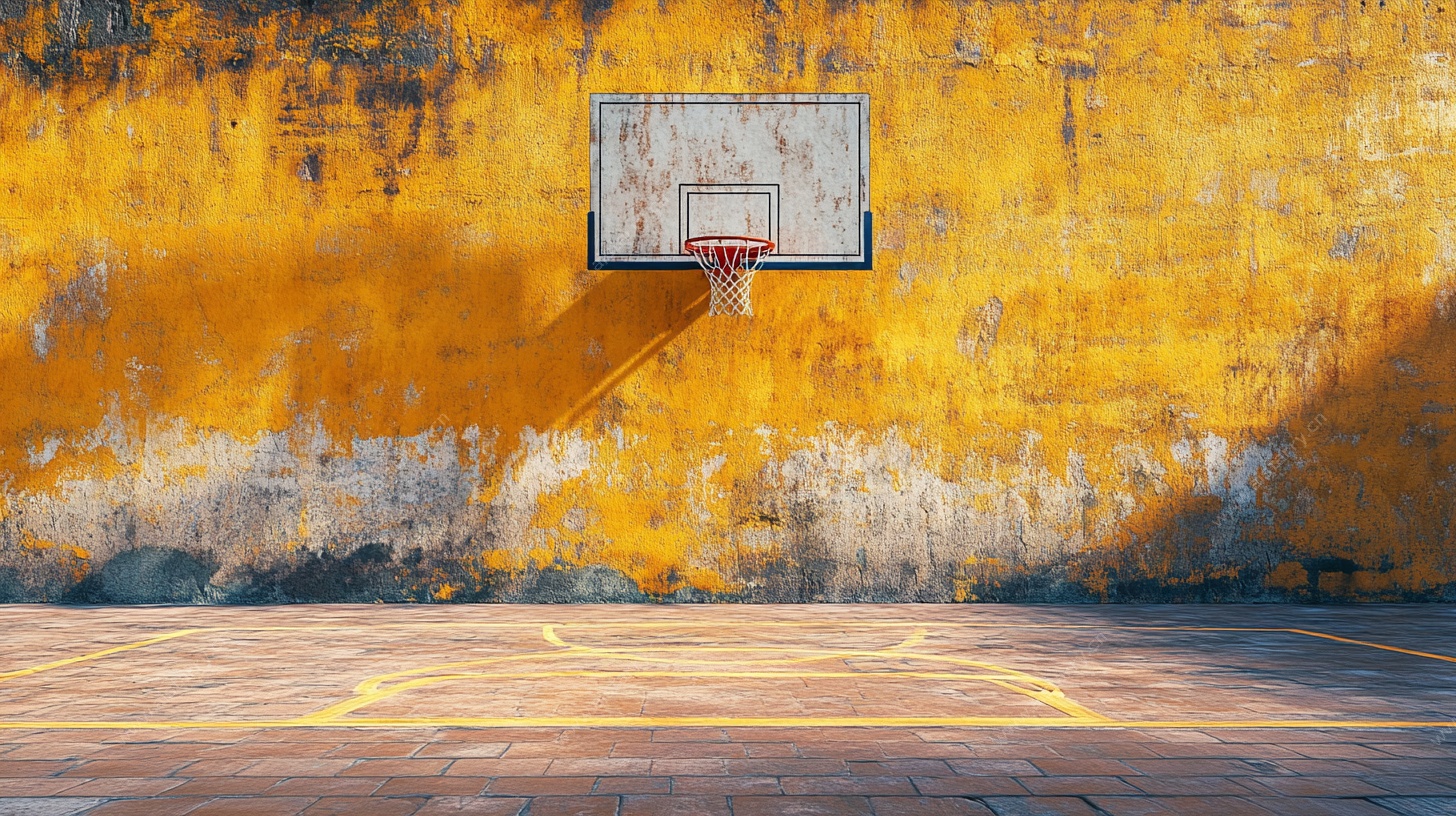 老旧篮球架与斑驳篮球场