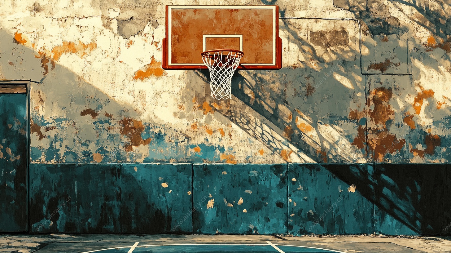 老旧墙面上的篮球框