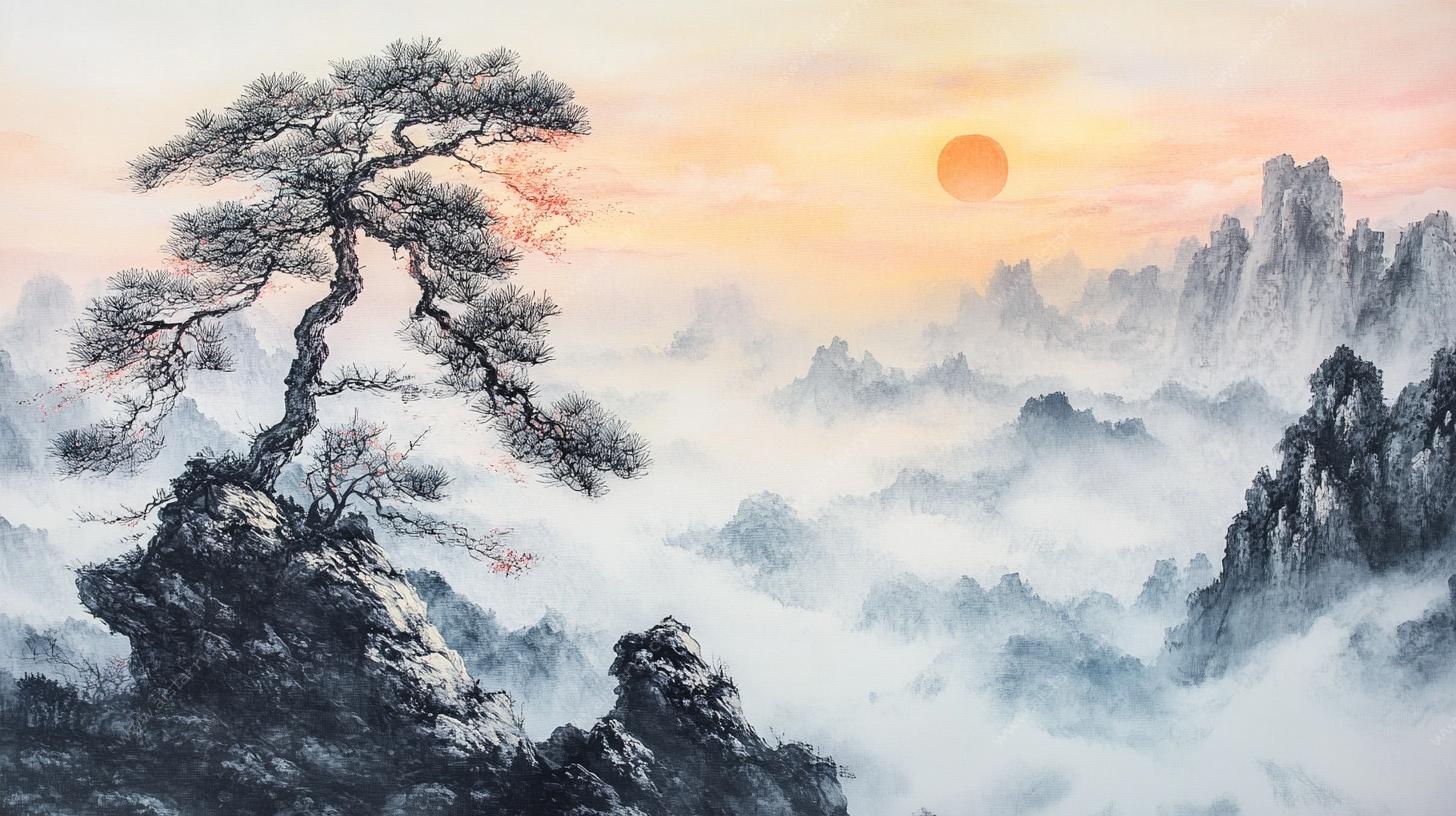 黄山日出迎客松美景