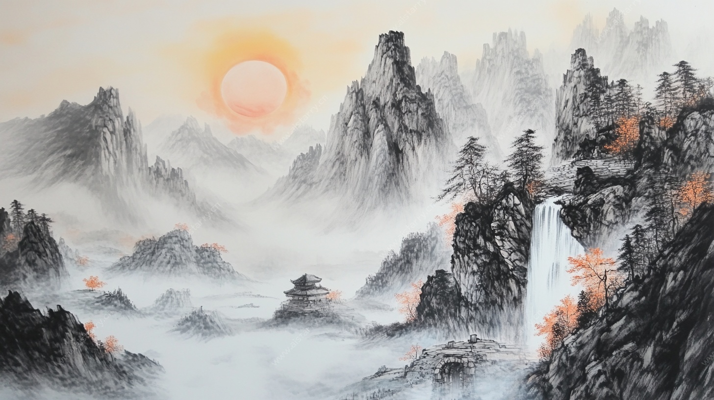旭日东升山水国画意境图