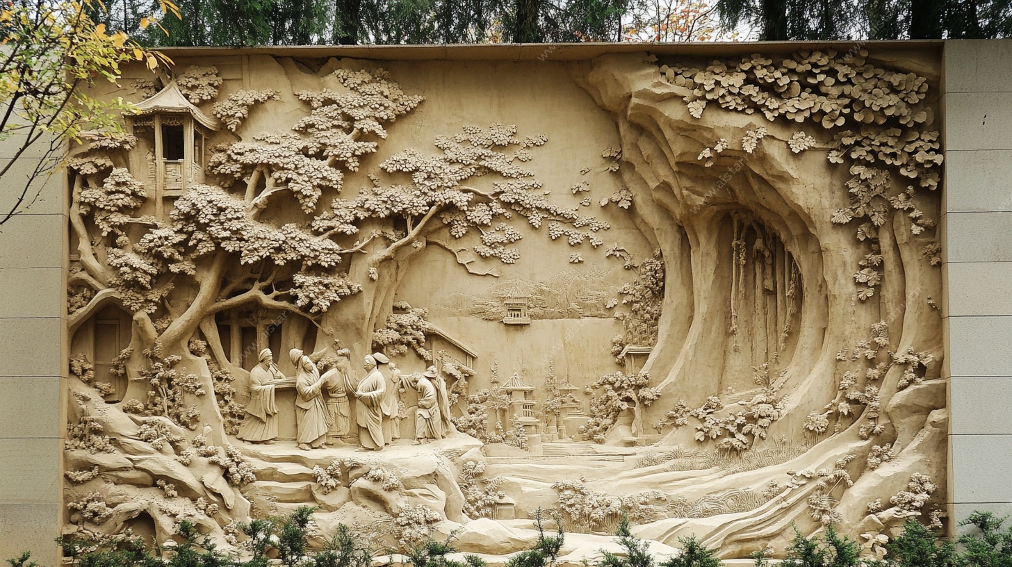 中式山水人物浮雕墙