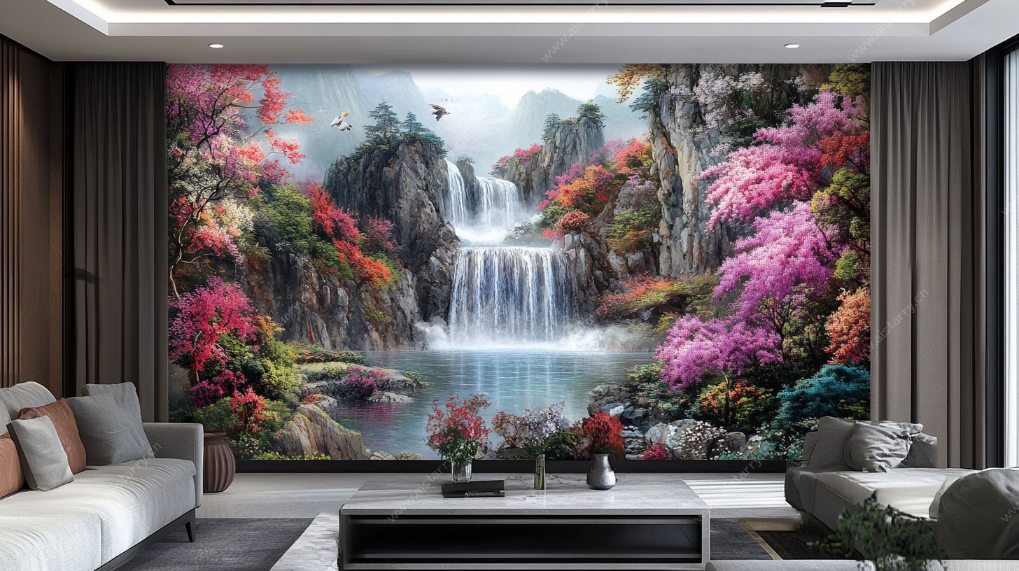 客厅中式山水瀑布壁画