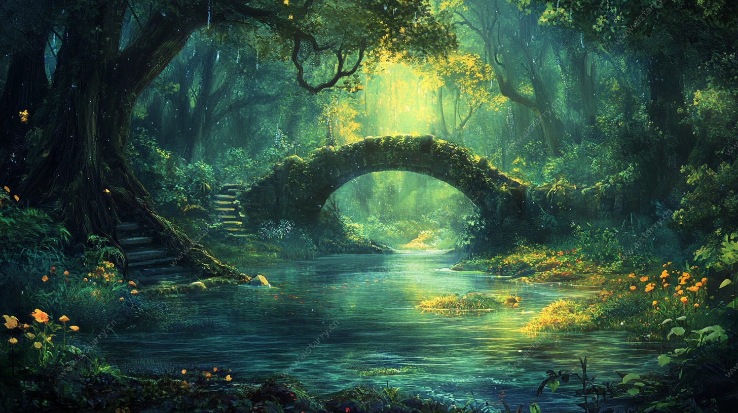 梦幻森林中的石桥奇景