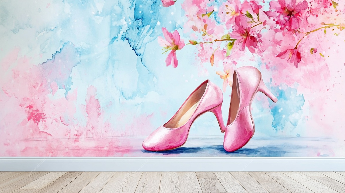 梦幻粉高跟鞋水彩花卉背景