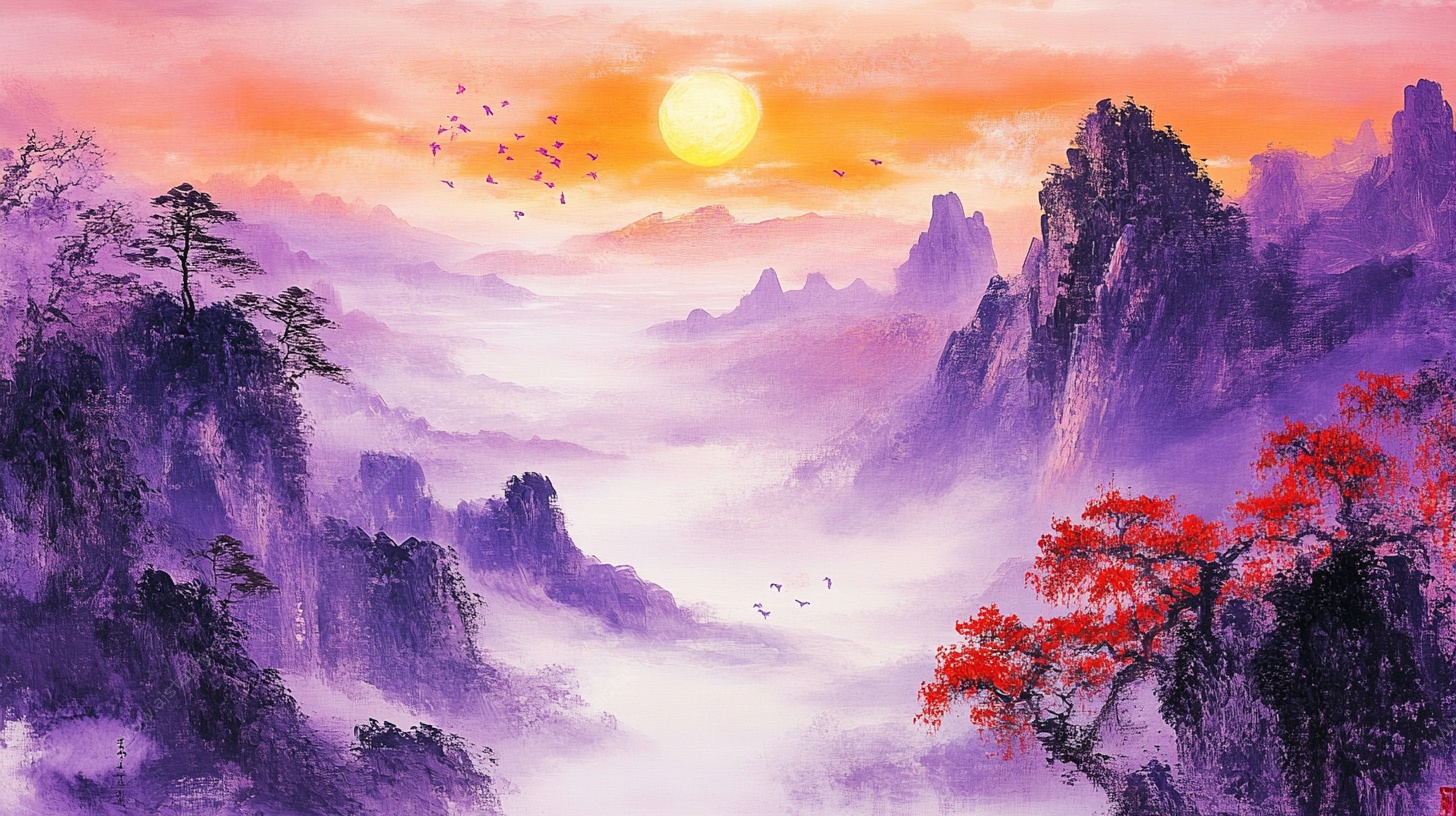 夕阳映紫山 红枫伴飞鸟