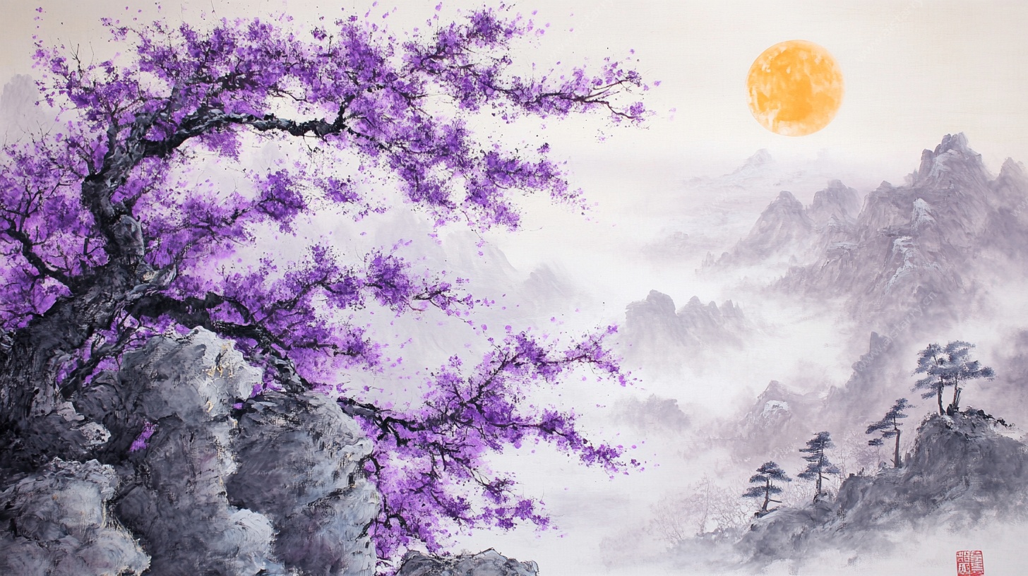 紫树映日山水诗意画