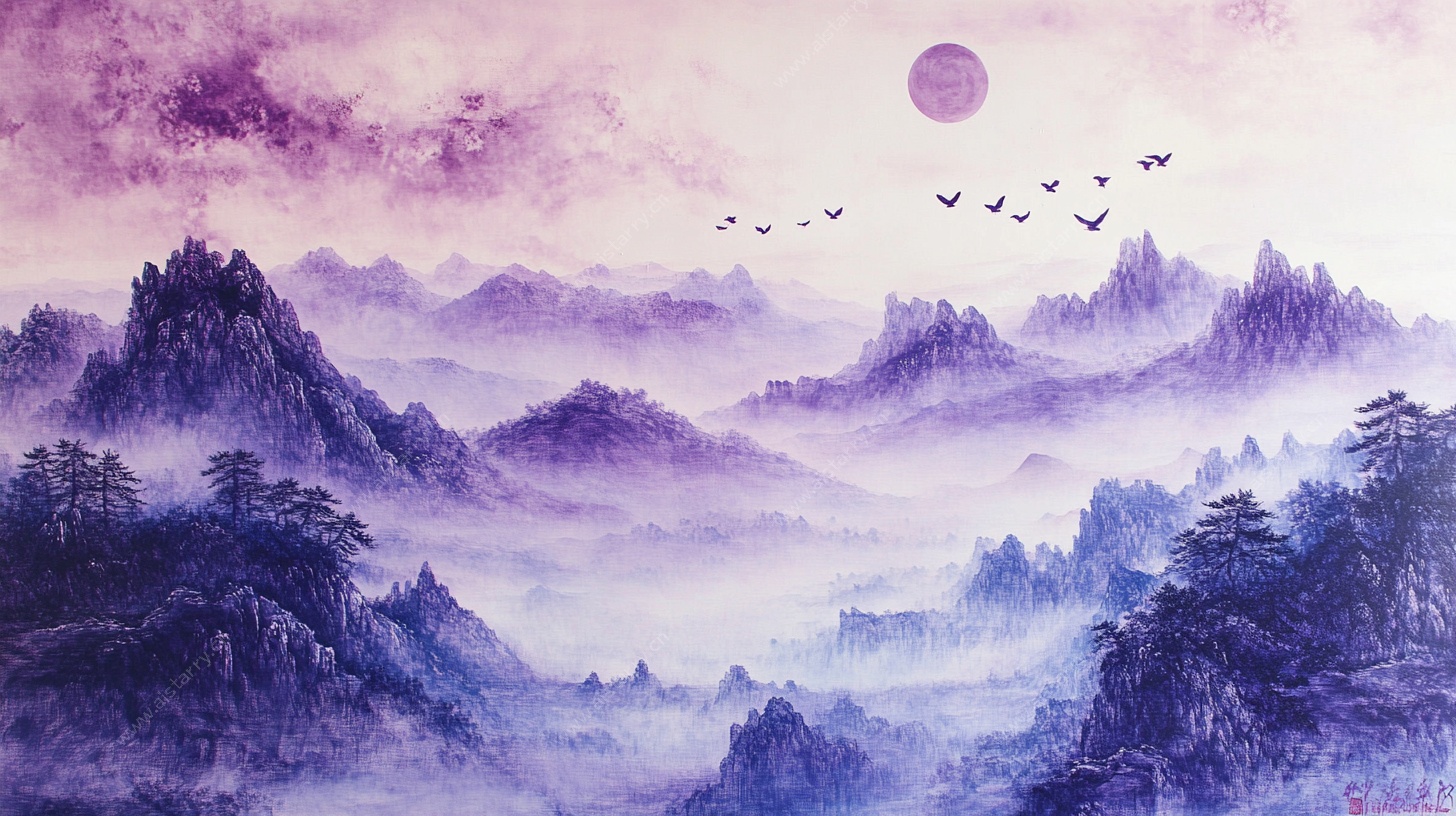 紫色梦幻山水间飞鸟明月