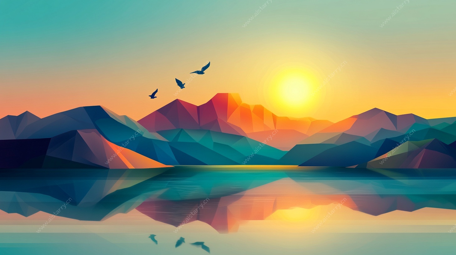 日落山水间飞鸟景致