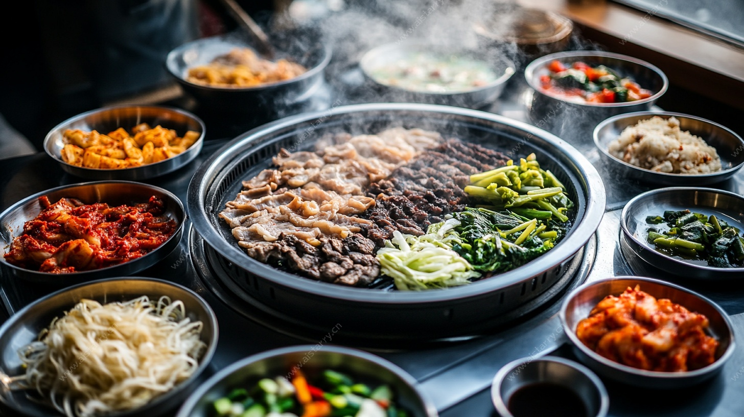 韩式烤肉盛宴摆桌画面